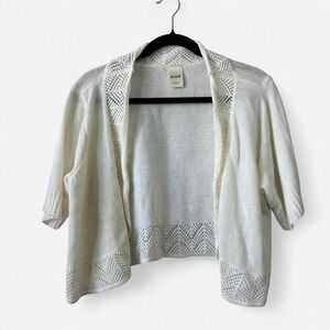 Blair white knit cardigan w/ crochet trim open front (L)
